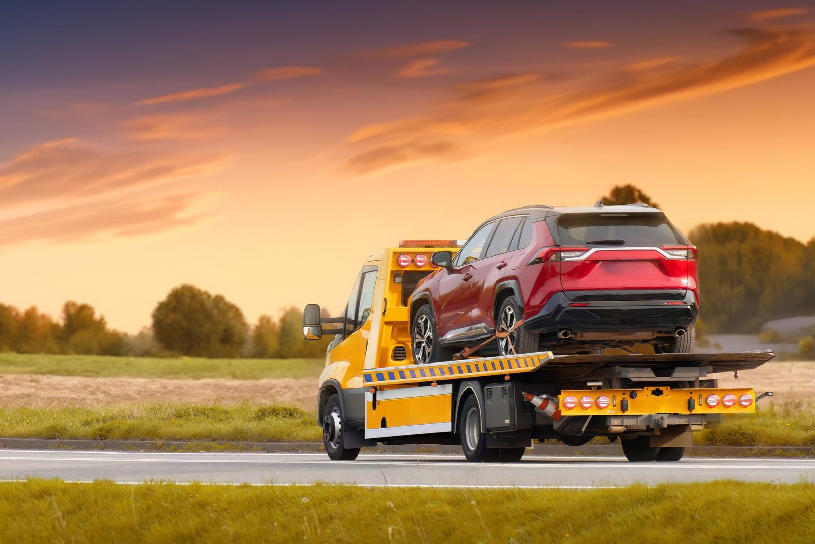 Carro attrezzi giallo di Soccorso Stradale Milano con auto caricata
